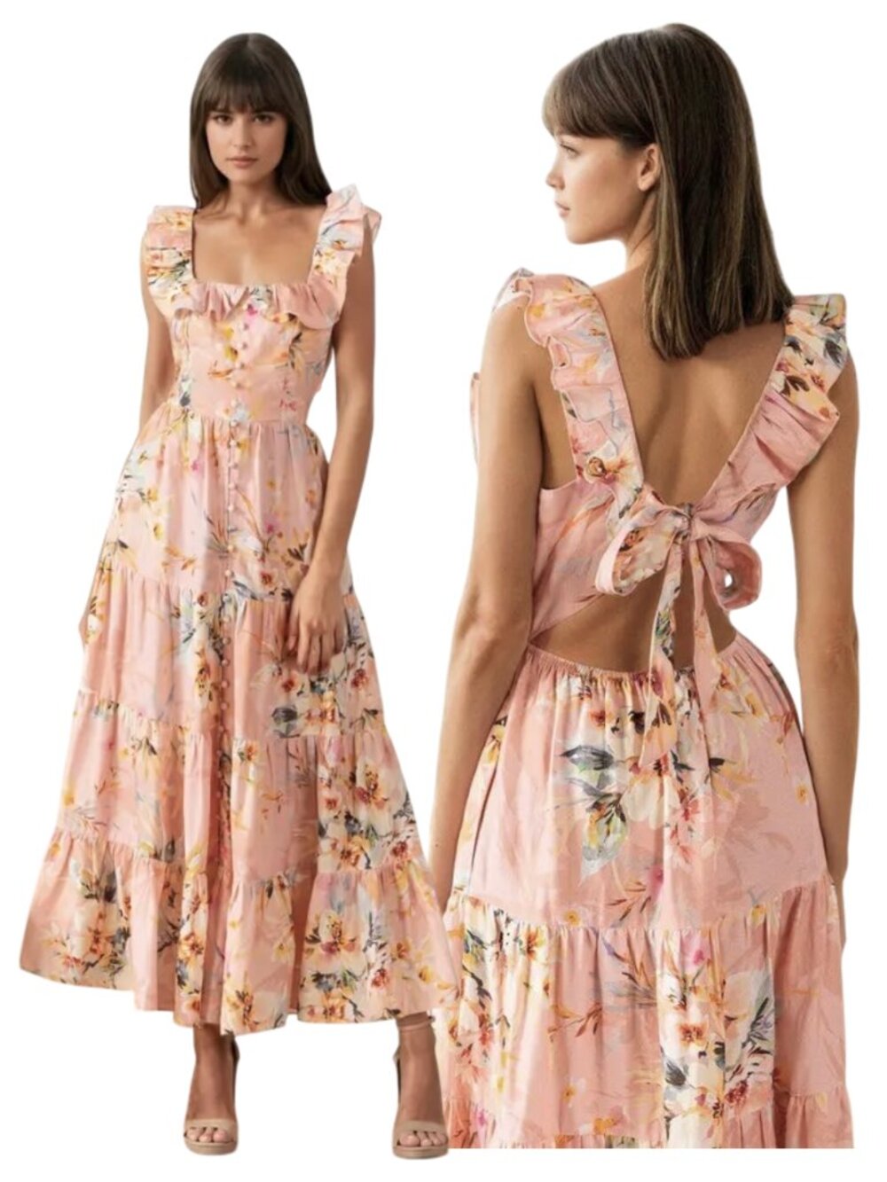 YUMI KIM Madison floral linen midi dress sz M open back ruffle